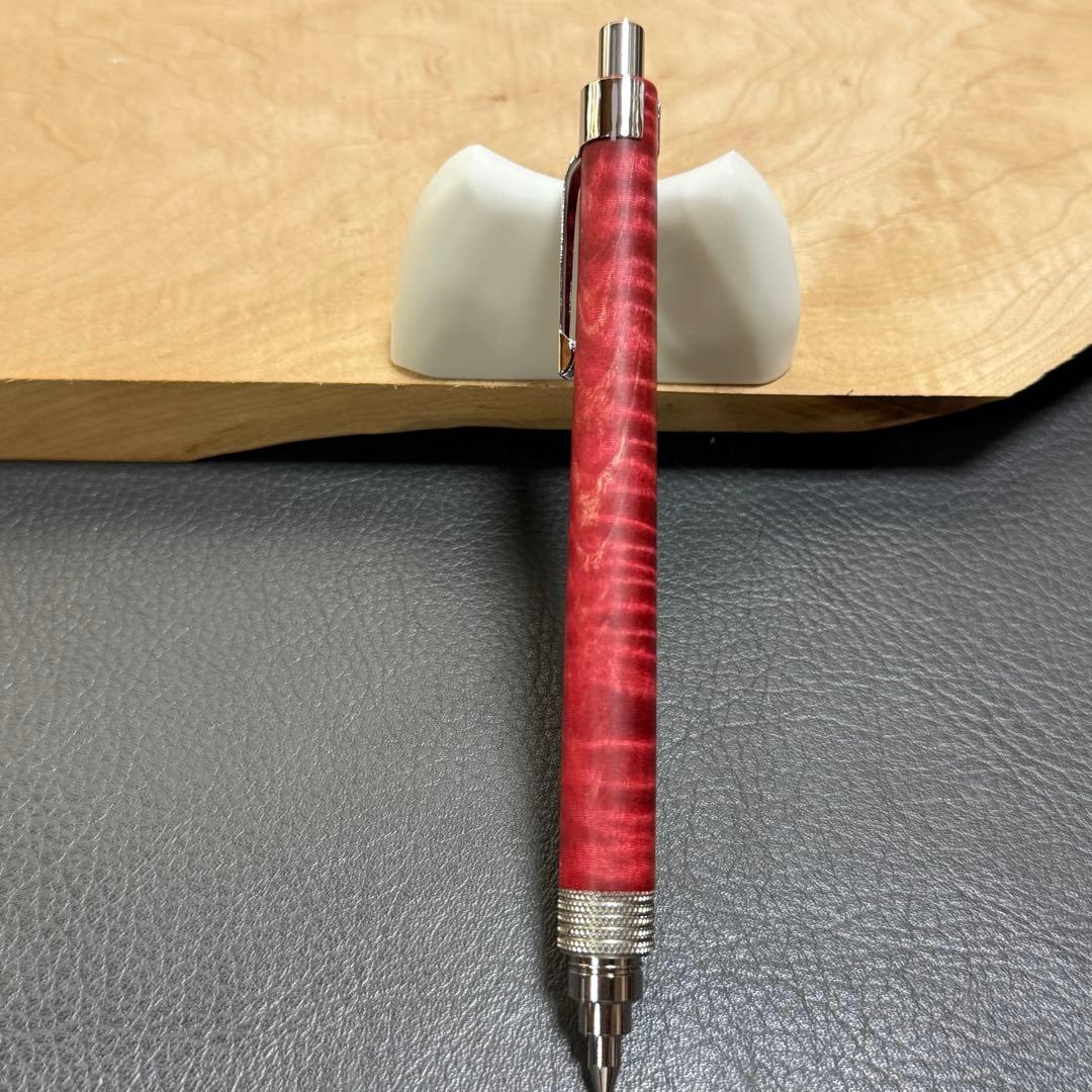 175栃縮杢スタビ　木製シャーペン　最強低重心ローレット　ステンレス　溝つき