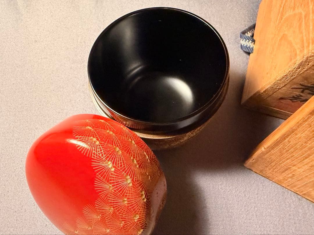 茶道　沈金　稔刻　棗 木製箱付き　安村　稔