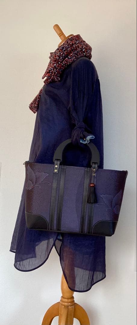 着物リメイク 大島紬 × 本革 舞蝶紋 トートバッグ ハンドメイド 和装バッグ
