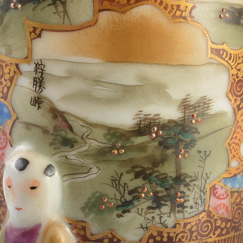 九谷焼　古九谷　色絵金彩　山水文　唐子三つ足筆筒　V　R6931