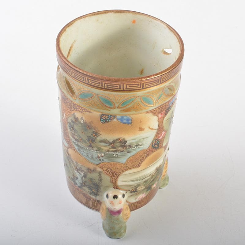 九谷焼　古九谷　色絵金彩　山水文　唐子三つ足筆筒　V　R6931