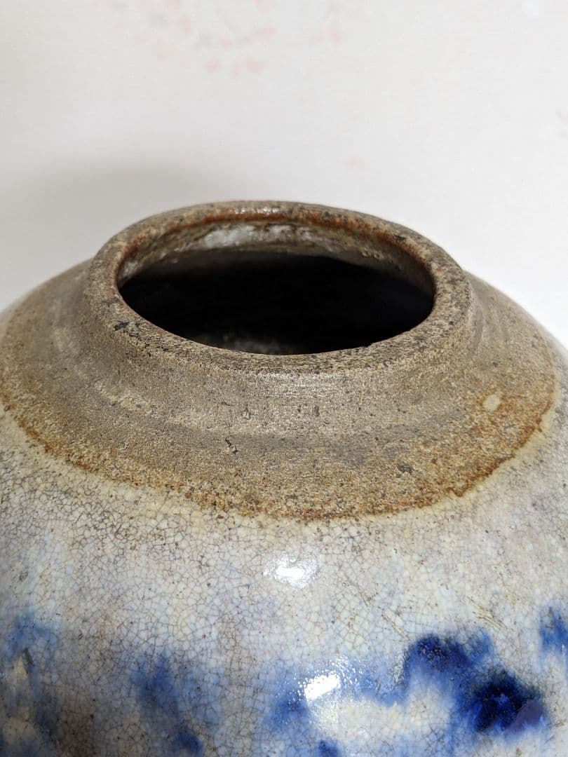 ♦古陶磁 壺 胴継ぎ 染付 藁灰釉 江戸時代 置物飾り 骨董品