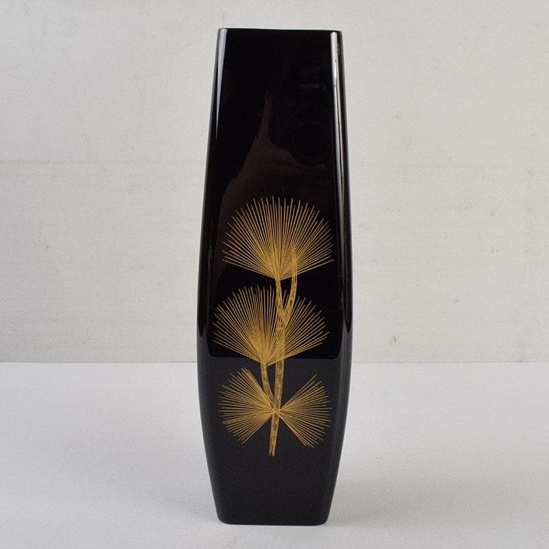 輪島塗　沈金師　角野岩次作　沈金　寿松文　花器　花入　共箱　V　R9403