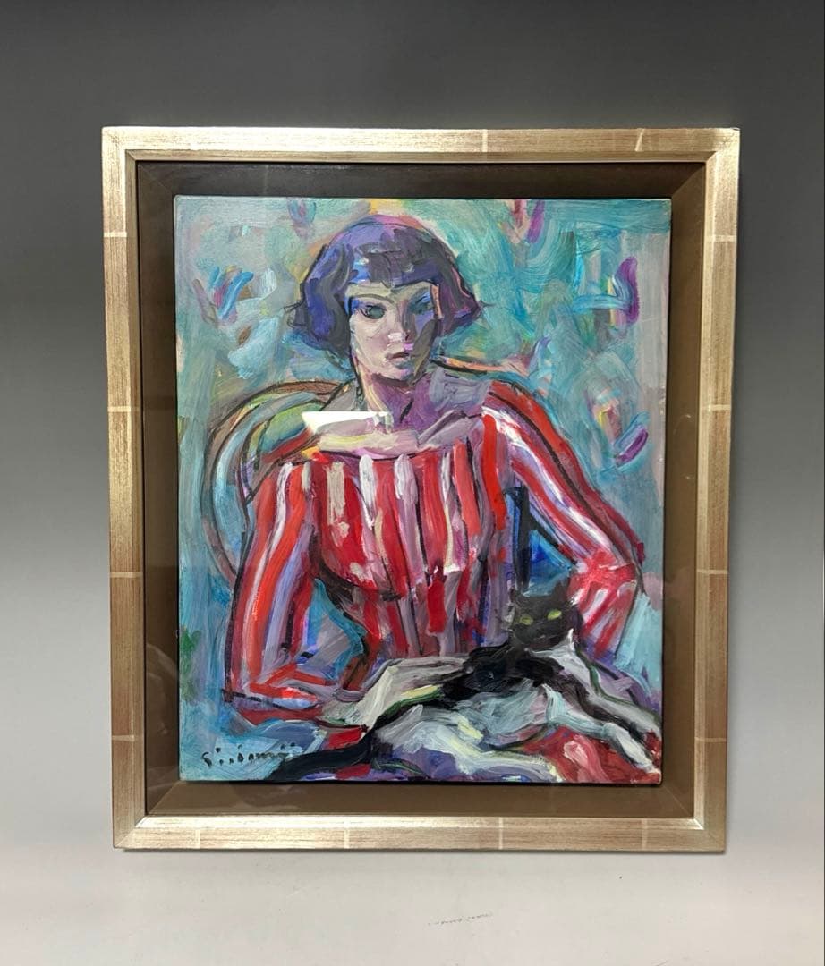 今井信吾　油絵　人物　少女・猫　日動画廊　油彩　8F