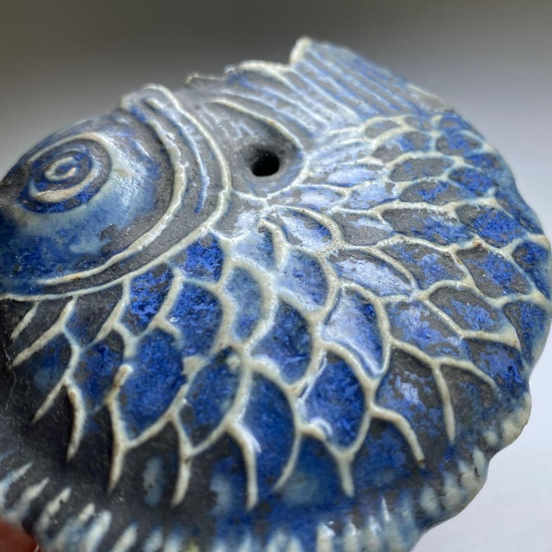 李朝　古窯　染付魚図水滴　幅約8㎝　東Y7-0331