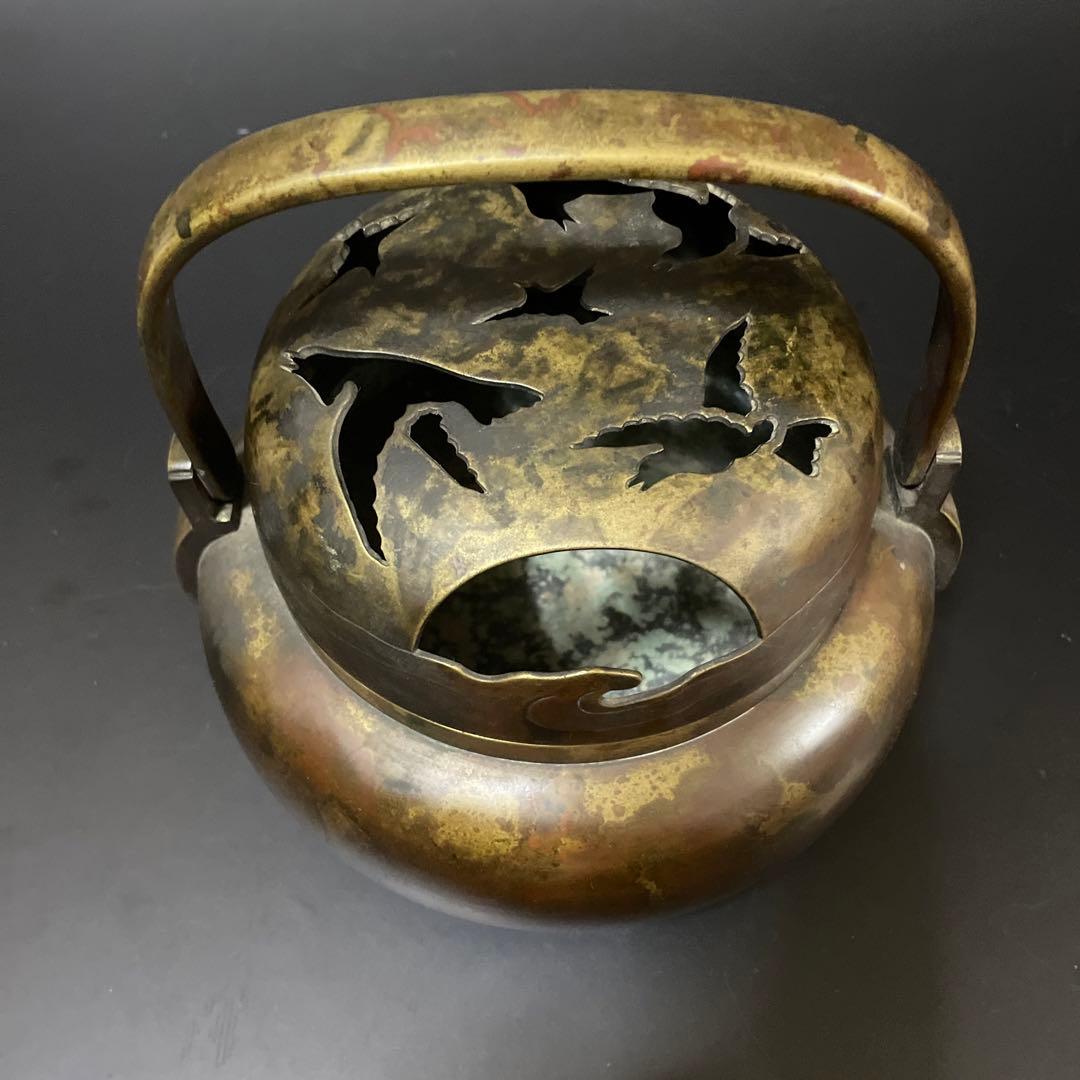 特大　 斑紫銅　鳥透かし香炉　火鉢10