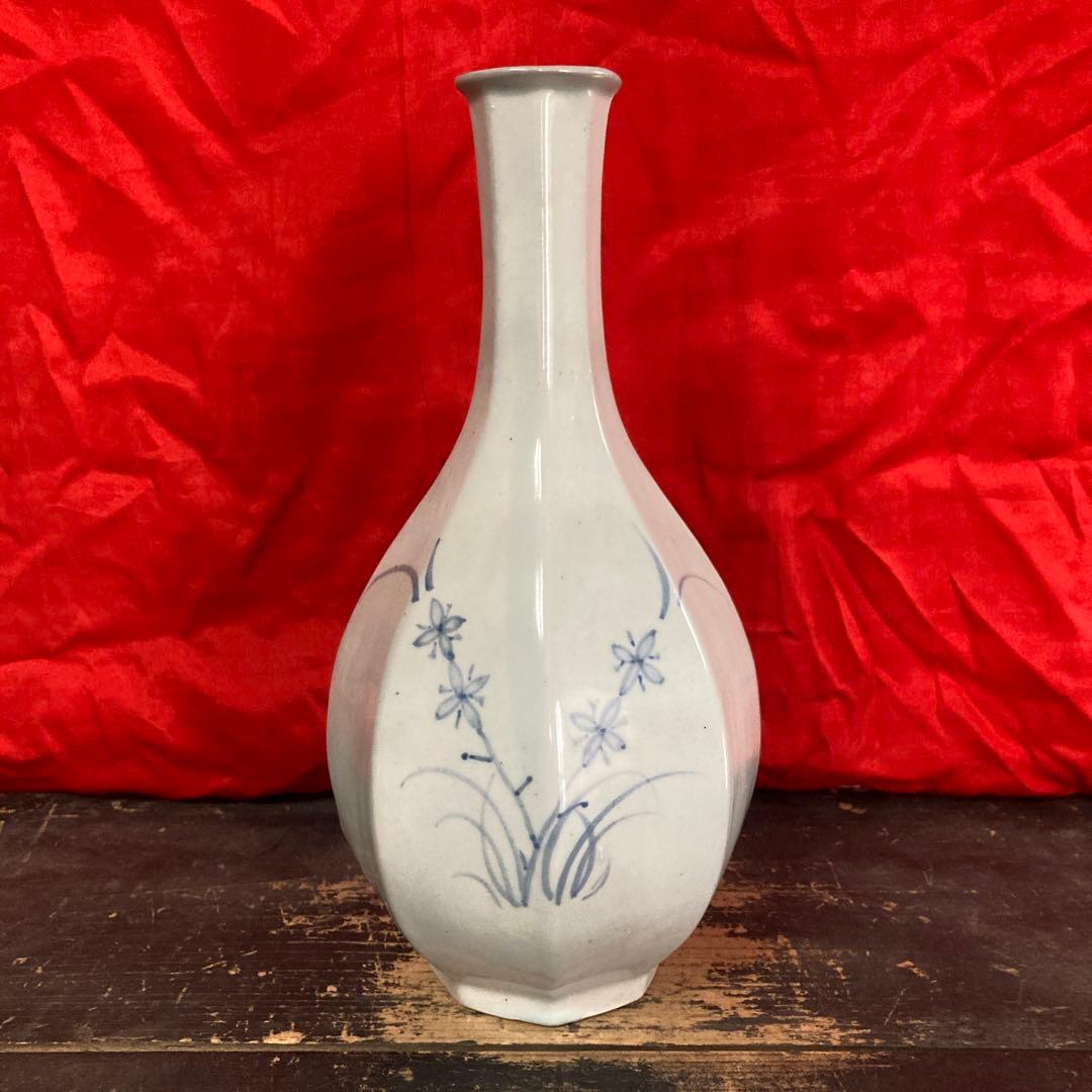 李朝　染付　面取瓶　徳利　秋草文