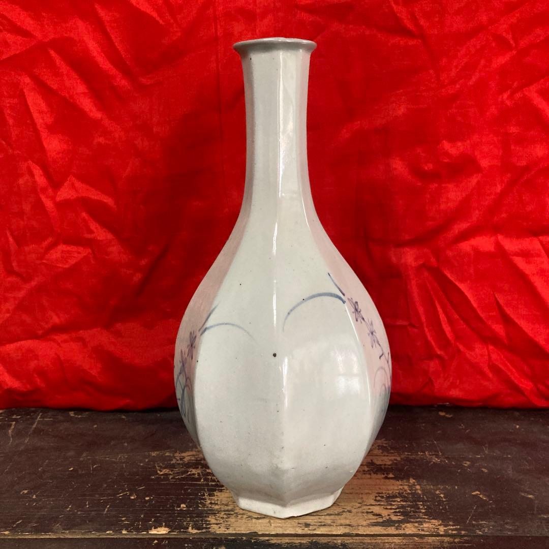 李朝　染付　面取瓶　徳利　秋草文