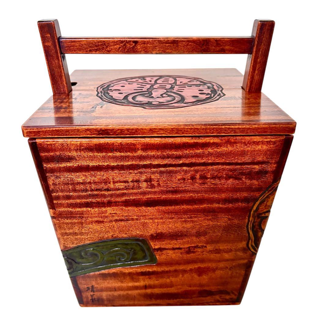 岡山特産　烏城彫　炭斗箱　炭とり箱　茶道具　箱炭　木製　割蓋　伝統工芸品　レトロ