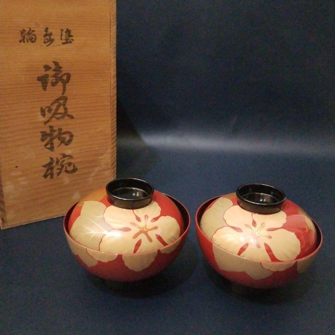 能登輪島塗 朱漆内黒 芙蓉花蒔絵のお椀 5客