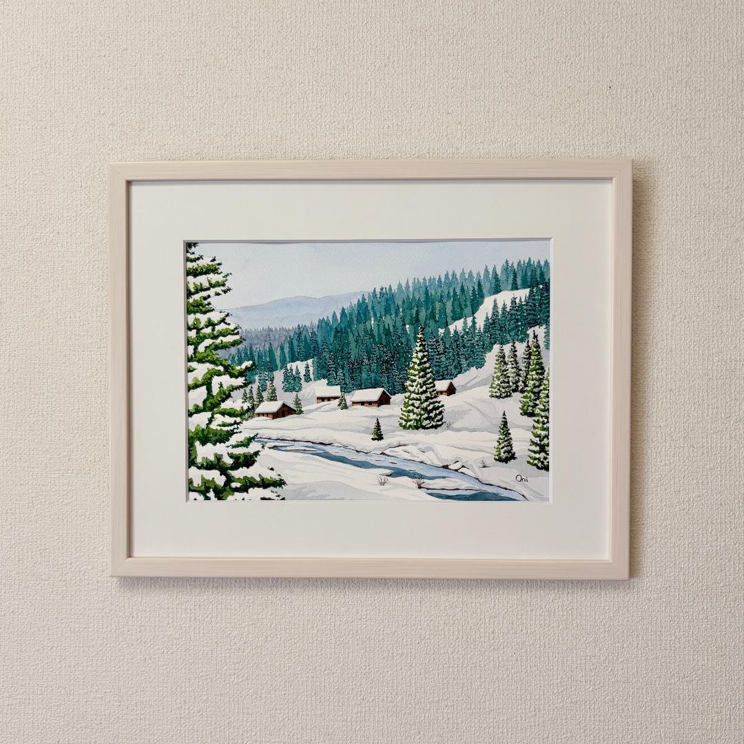 透明水彩画　原画　「雪景色01」額縁付　F4サイズ　風景画