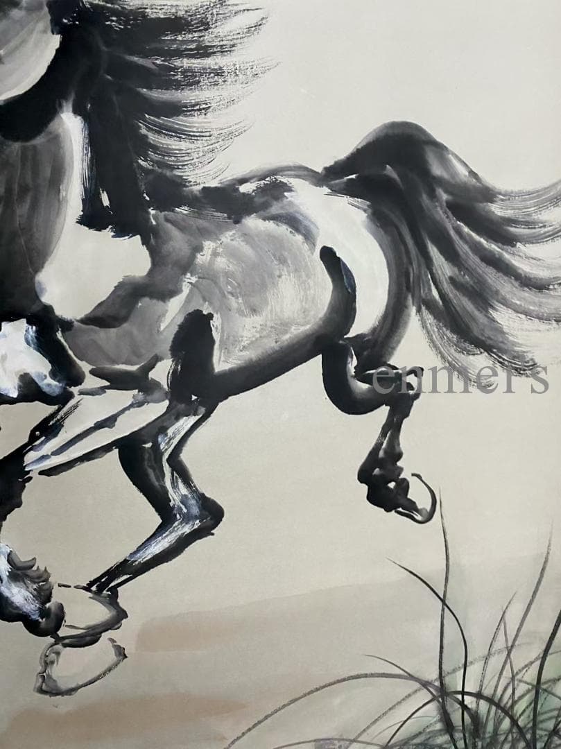 中国古美術 近代 徐悲鴻印款 駿馬画 水墨画 掛軸 宣紙 文房置物 純手描き