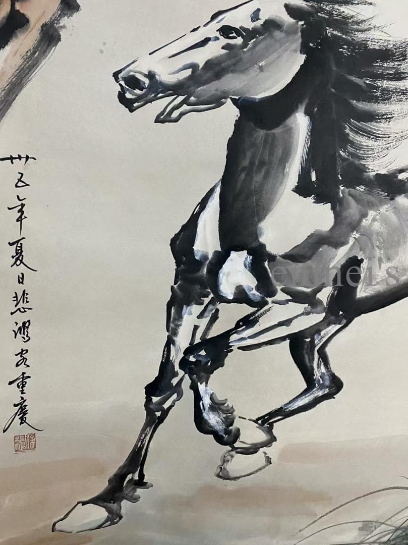 中国古美術 近代 徐悲鴻印款 駿馬画 水墨画 掛軸 宣紙 文房置物 純手描き