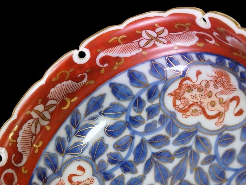 大聖寺伊万里　染錦　獅子に葉唐草の図 　雪輪膾皿　165AS-CTj