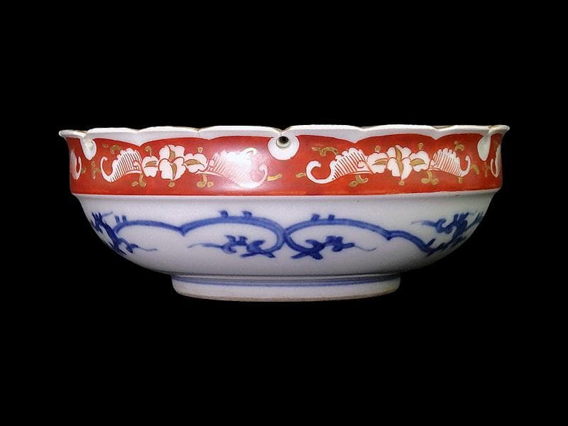 大聖寺伊万里　染錦　獅子に葉唐草の図 　雪輪膾皿　165AS-CTj