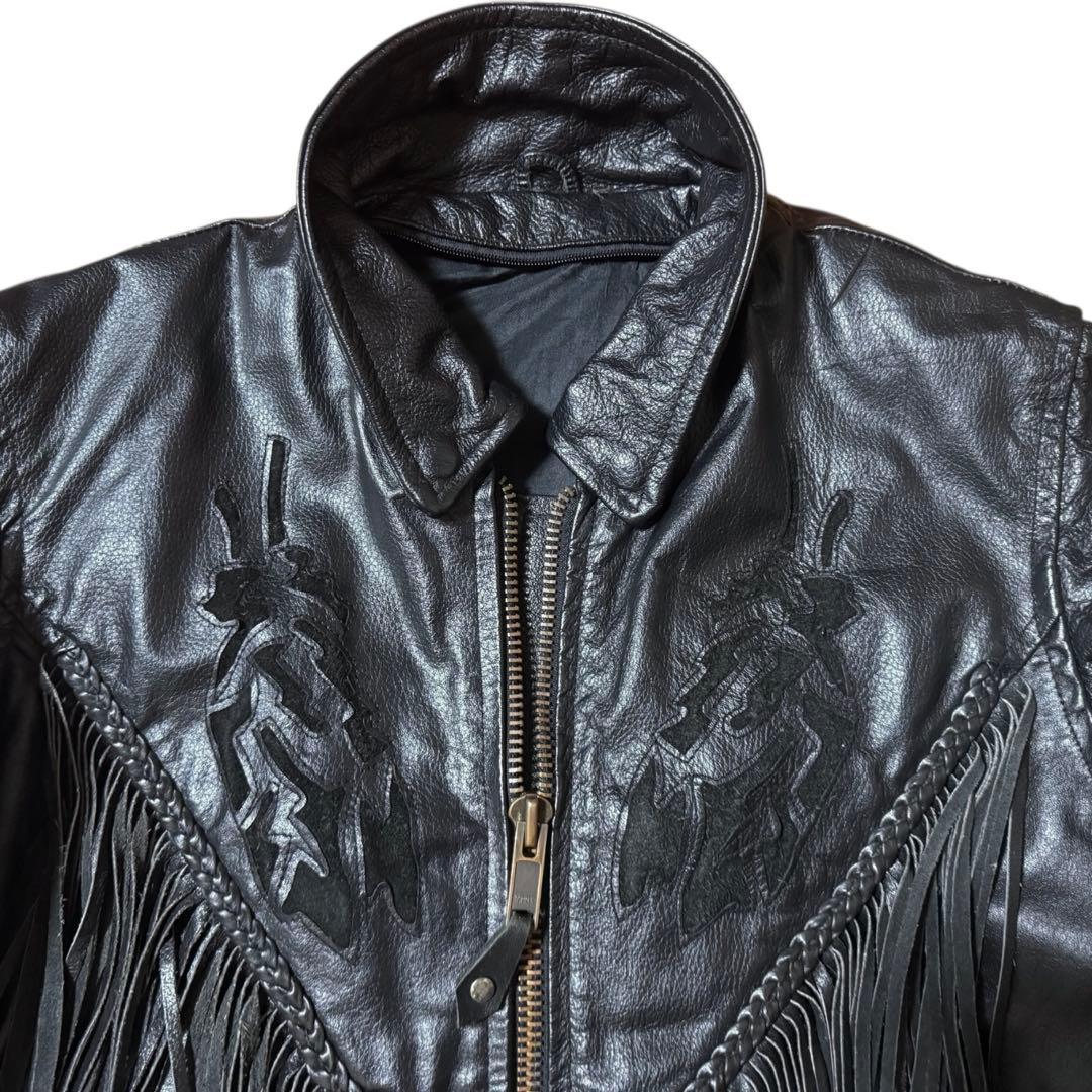 ビンテージ フリンジ レザージャケット 本革 レースアップ ブラック 襟付き