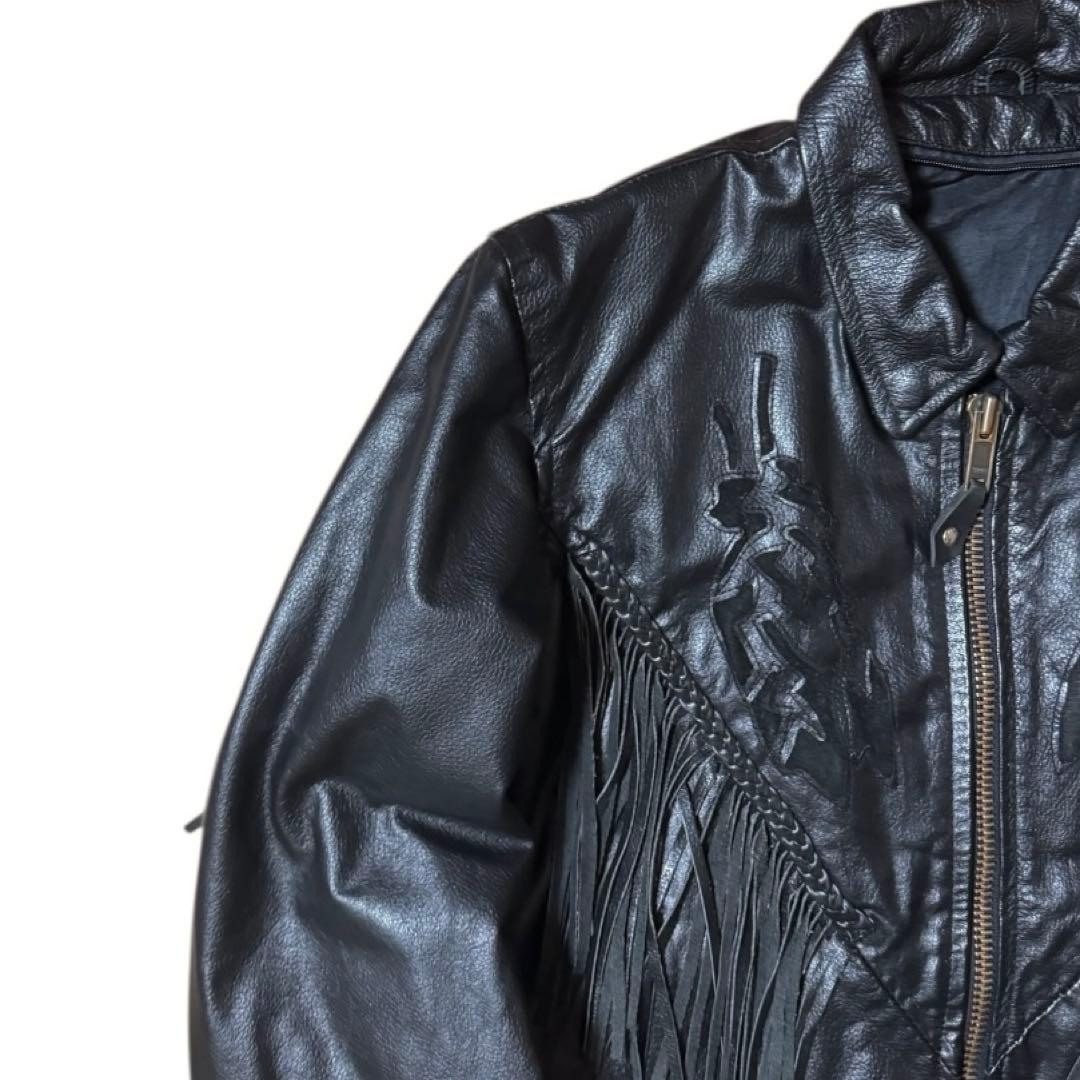 ビンテージ フリンジ レザージャケット 本革 レースアップ ブラック 襟付き