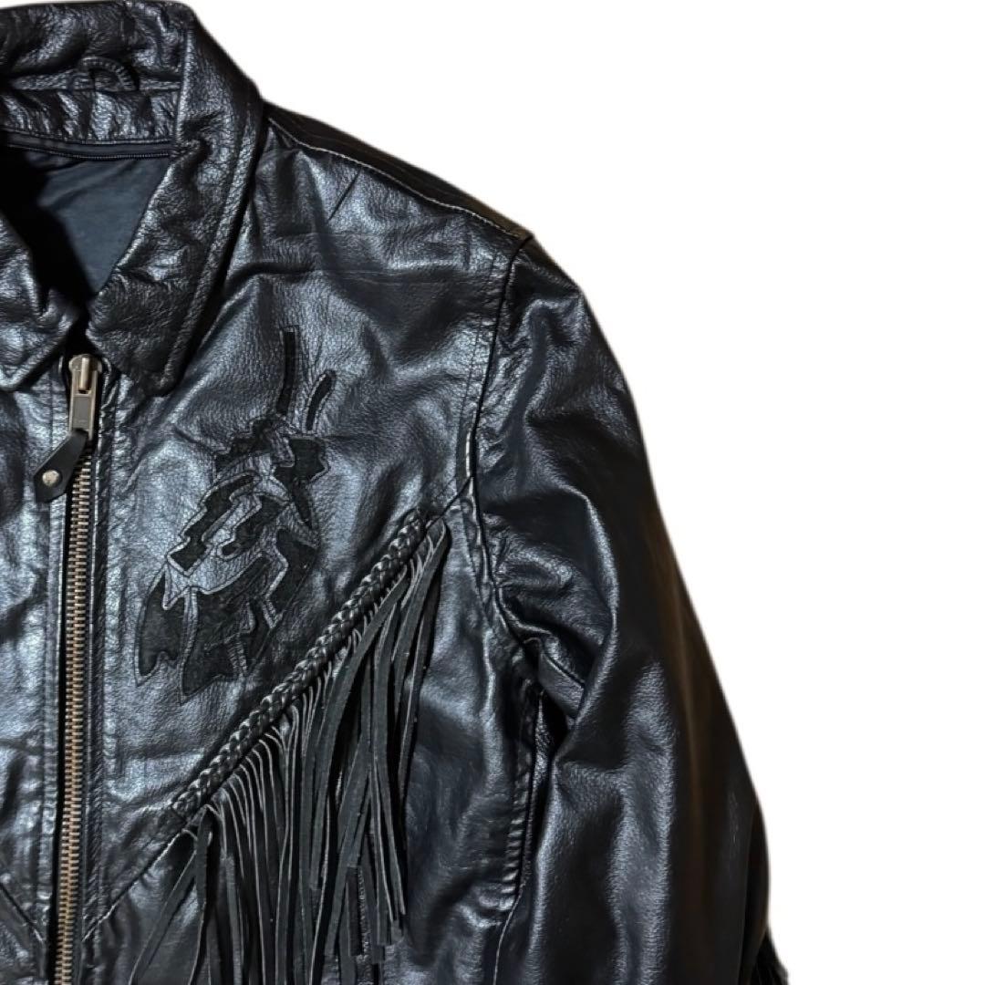 ビンテージ フリンジ レザージャケット 本革 レースアップ ブラック 襟付き