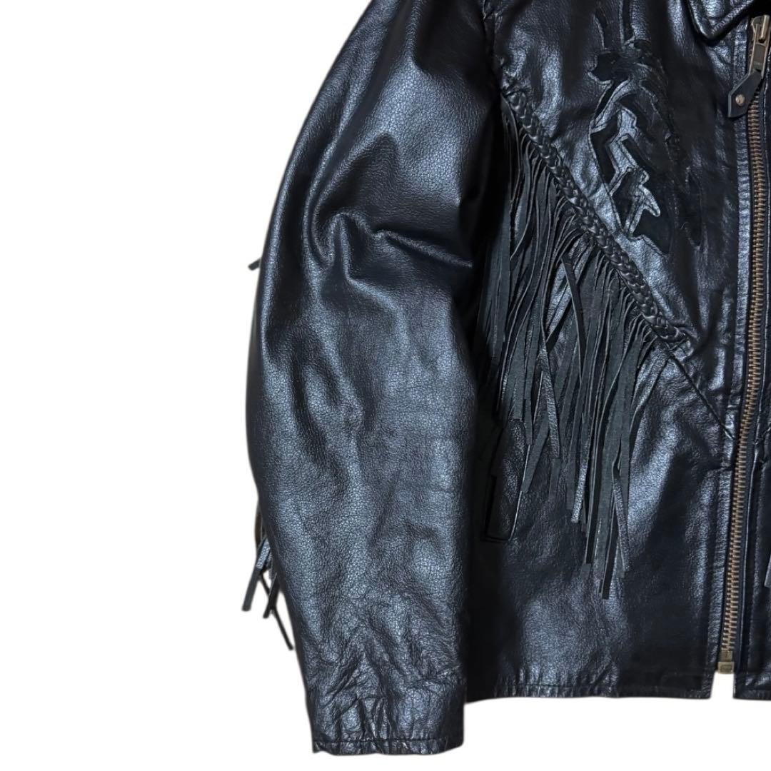 ビンテージ フリンジ レザージャケット 本革 レースアップ ブラック 襟付き