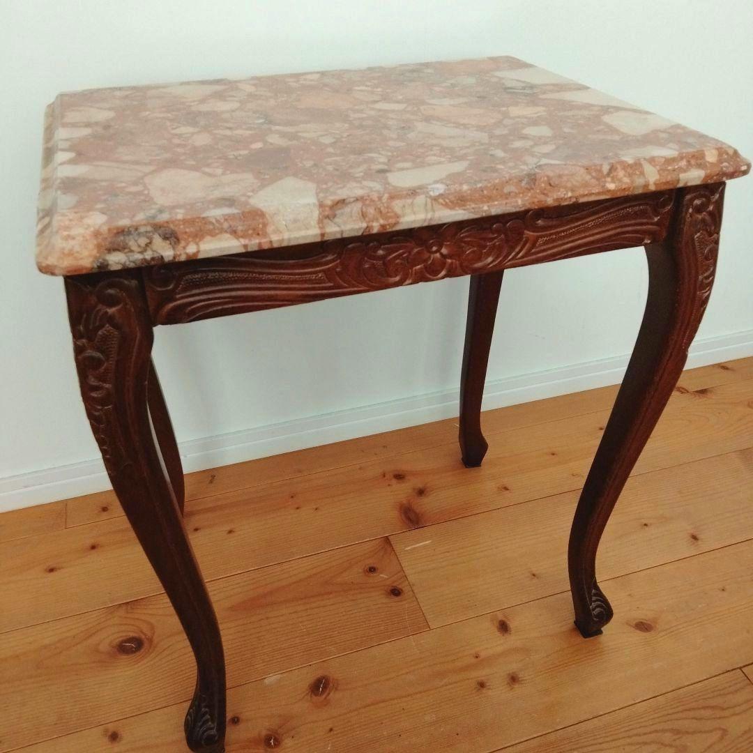 アンティーク大理石 サイドテーブル 猫足花彫刻