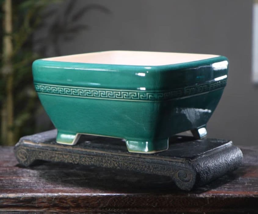 正方形回紋陶器鉢 青磁鉢 山野草鉢 多肉植物 植木鉢 小品大品盆栽鉢 陶器鉢置物