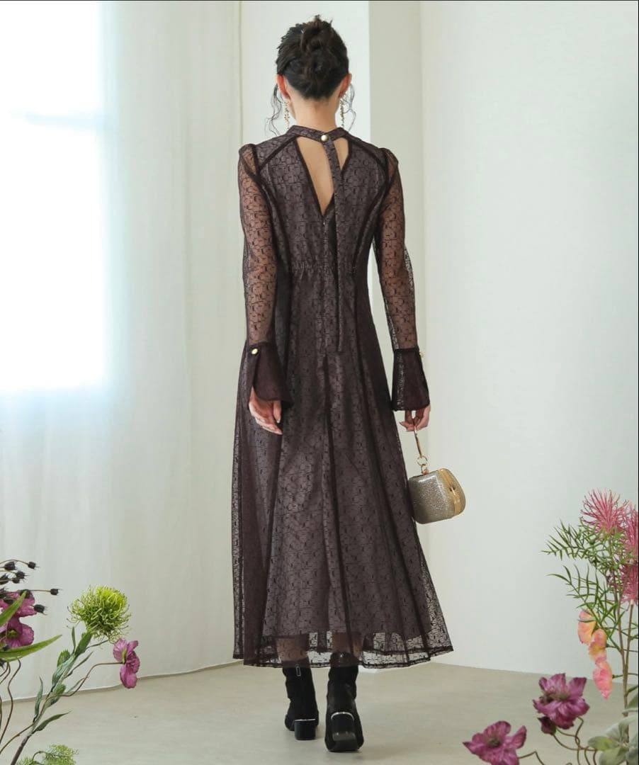 Kana 幾何学柄 レース バックオープン ワンピース パーティー ドレス結婚式