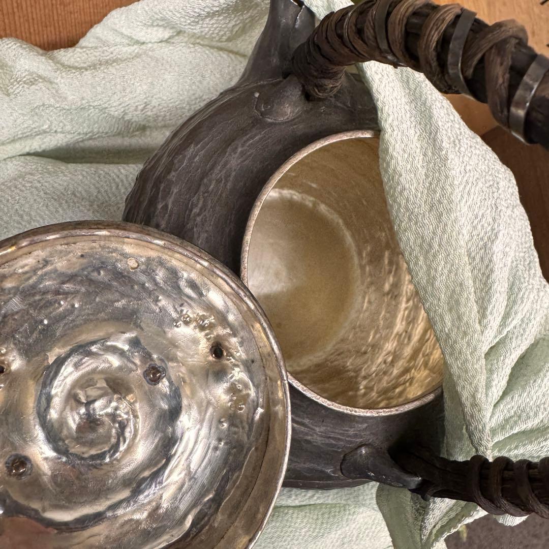 三松軒造　古錫製　茶道具　急須　水差し　槌目仕上げ　アンティーク工芸品