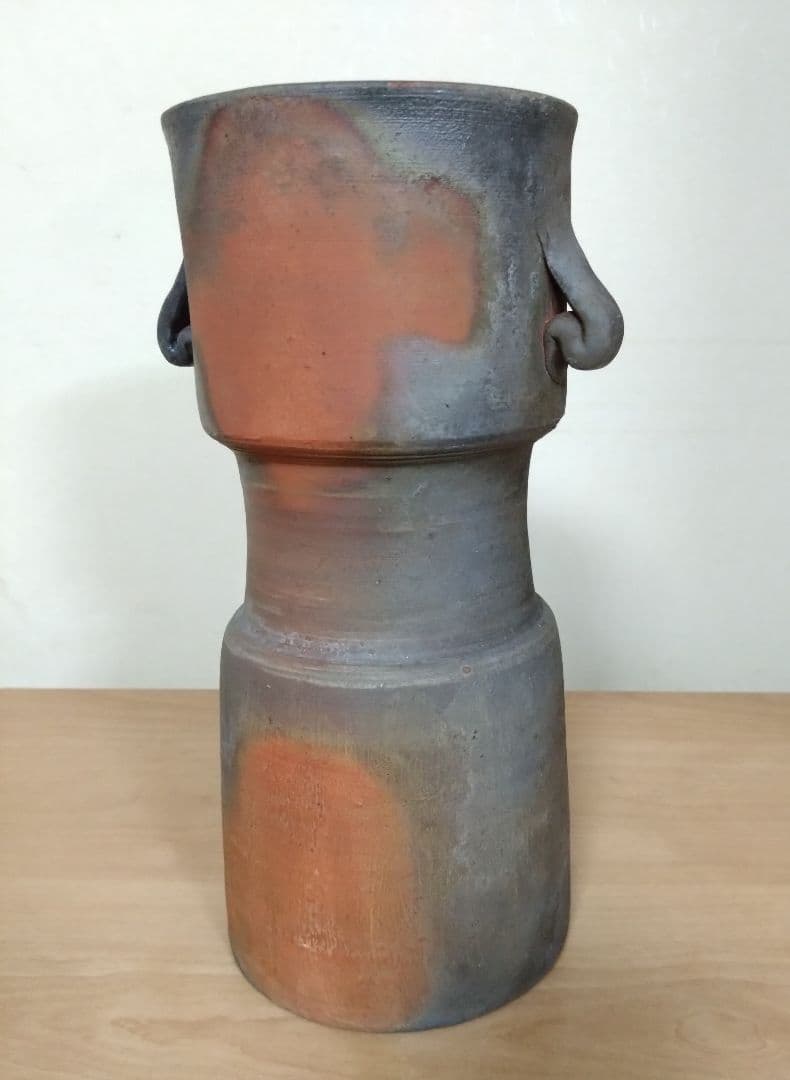 矢部篤郎作　備前焼窯変耳付花入　備前花入　山本陶秀　人間国宝　花器