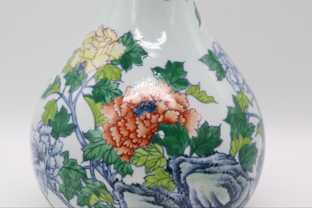 中国　とう彩　花卉紋蒜頭瓶　乾隆年製銘　送料込み250510