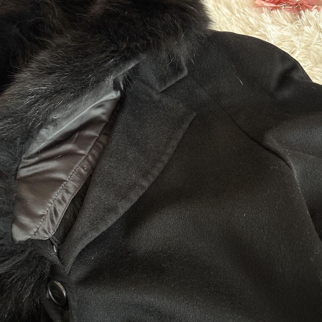 美品mia carnaファー付チェスターコートピュアカシミヤ100%黒ブラック