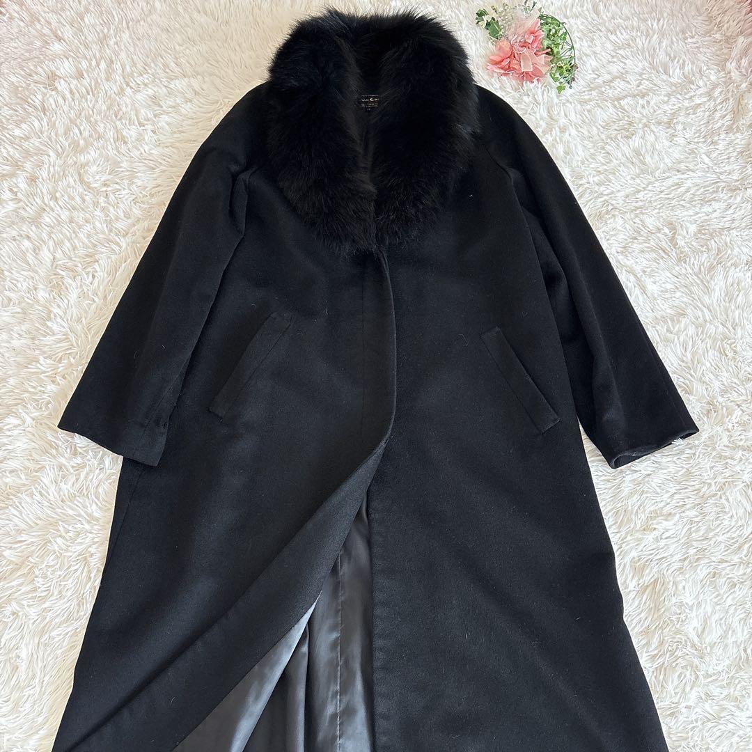 美品mia carnaファー付チェスターコートピュアカシミヤ100%黒ブラック