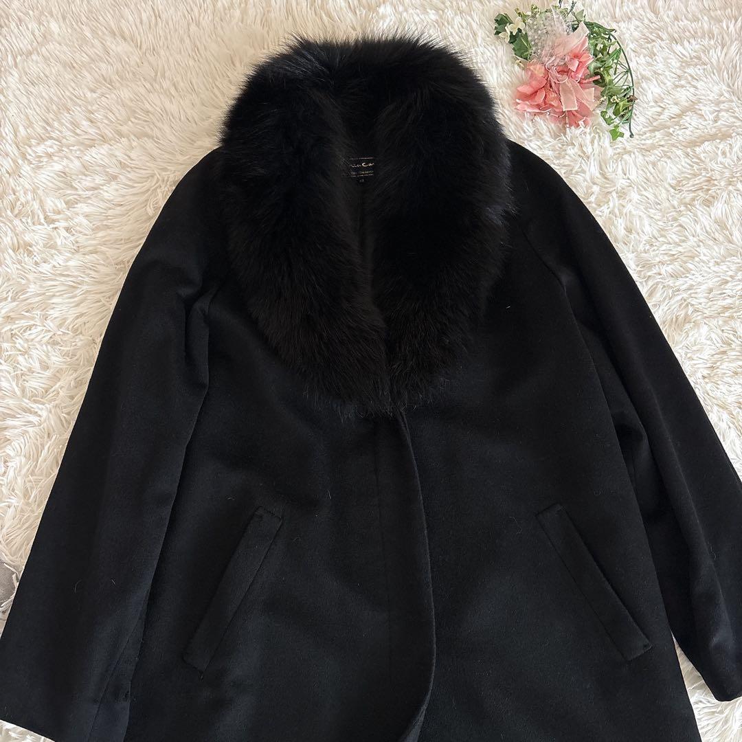 美品mia carnaファー付チェスターコートピュアカシミヤ100%黒ブラック