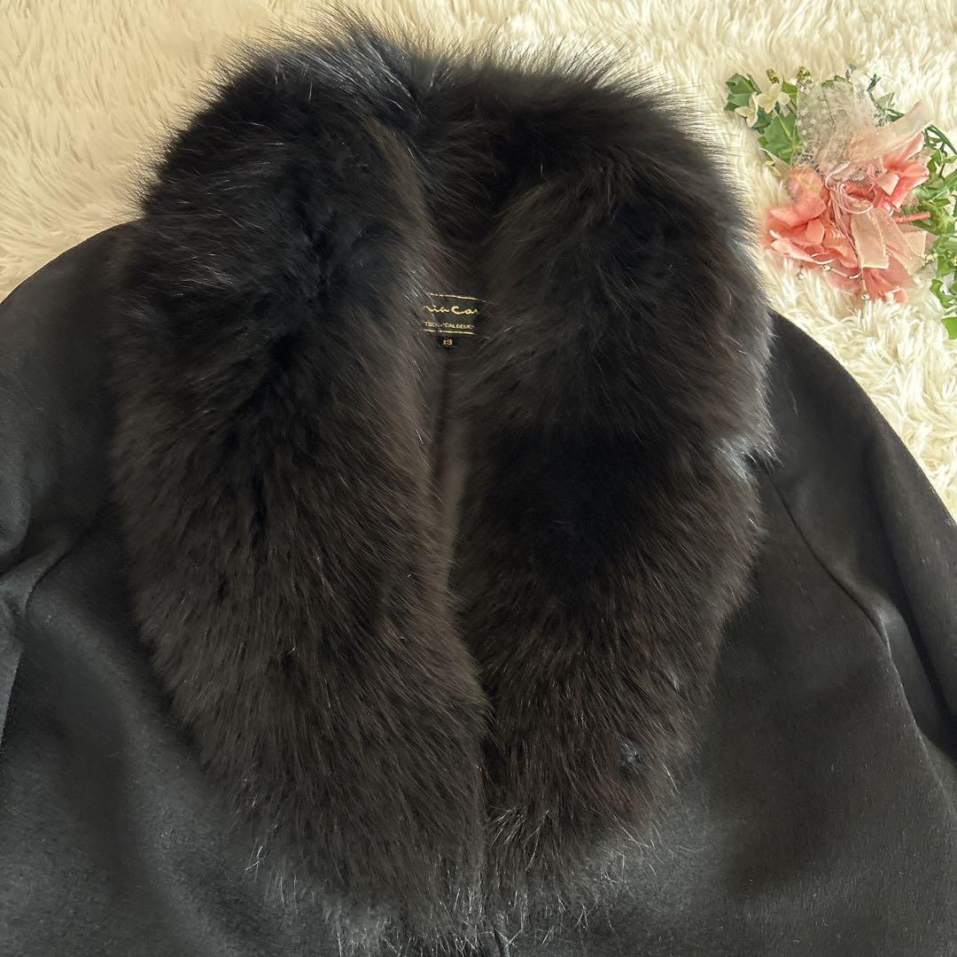 美品mia carnaファー付チェスターコートピュアカシミヤ100%黒ブラック