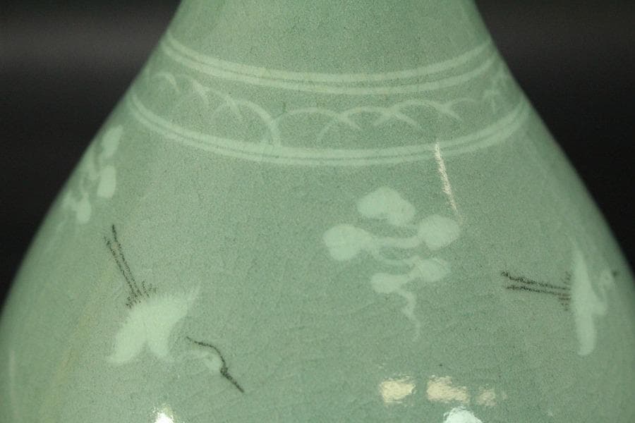 朝鮮美術 青磁 雲鶴紋 梅瓶 高22.5cm 東南陶窯 古堂趙斗彦(メ1155)