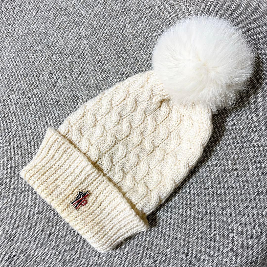 【訳あり】モンクレール ケーブル編み ニット帽 アイボリー