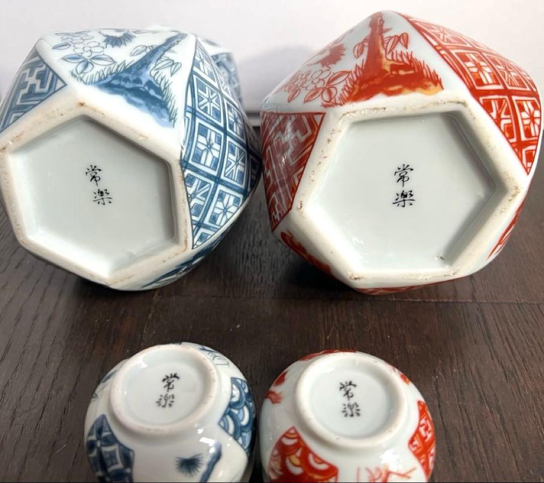 京都・常楽窯 松竹梅六角徳利＋ぐい呑み 各2点セット（赤絵付け・青絵付け）