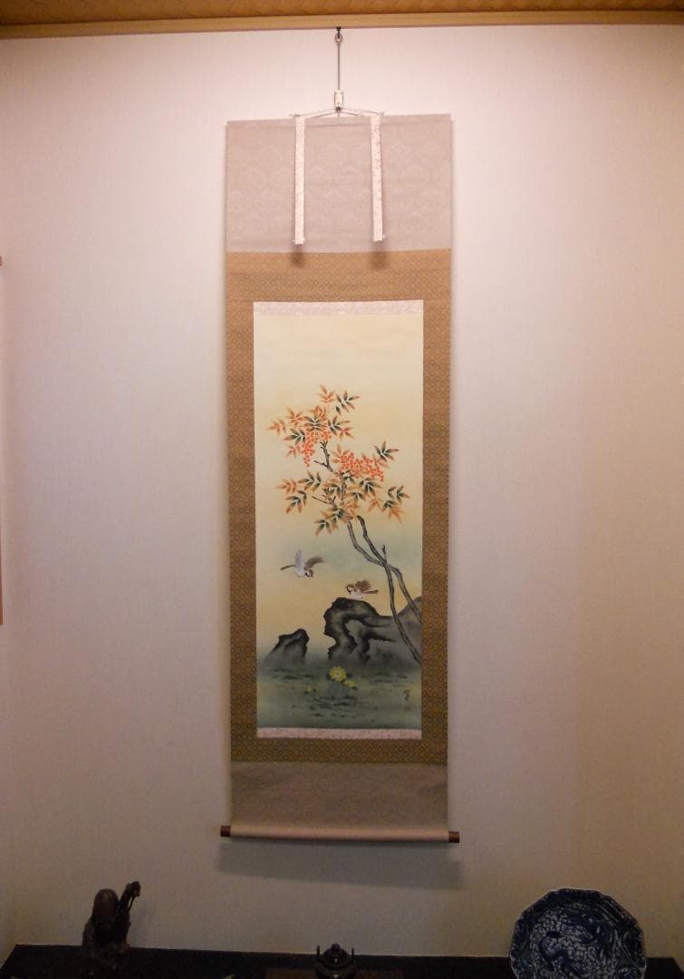 掛け軸 竹堂 作 吉祥南天 絹本 希少 軸装 茶道具 掛軸 美品 です。