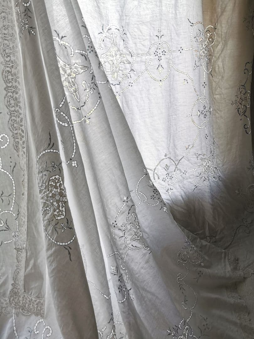 アンティーク ポワンドベニス オープンワーク水色刺繍 超大判クロス フィレレース