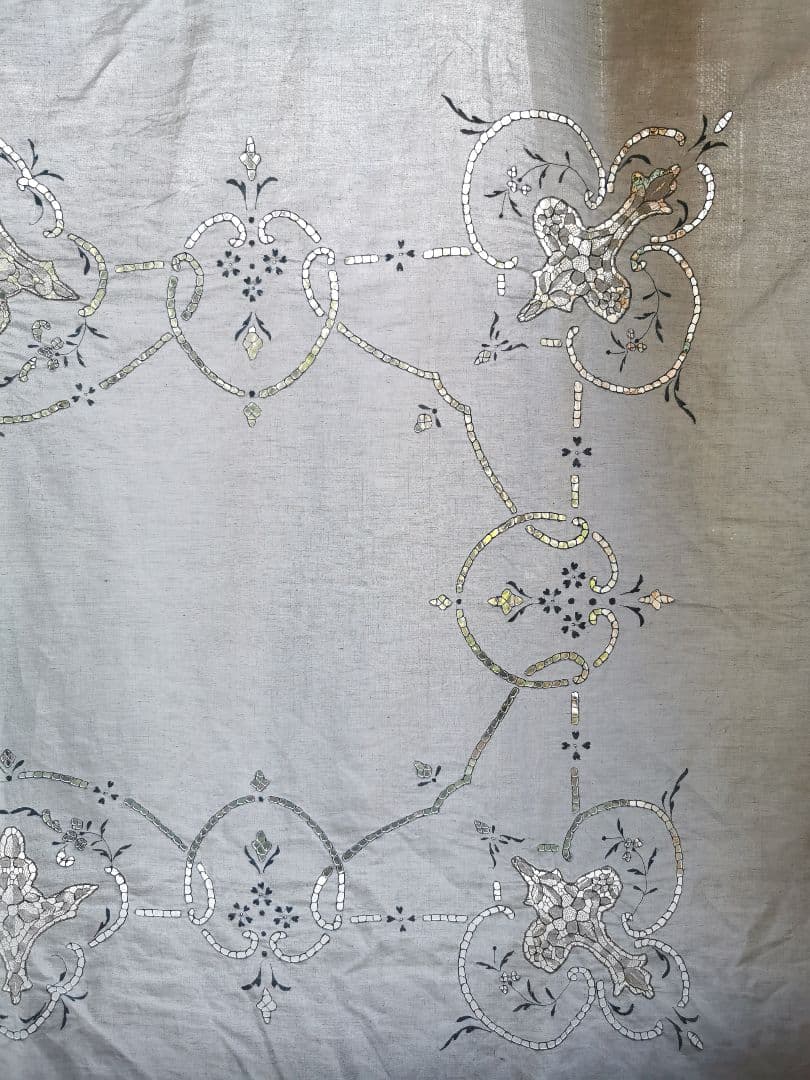 アンティーク ポワンドベニス オープンワーク水色刺繍 超大判クロス フィレレース