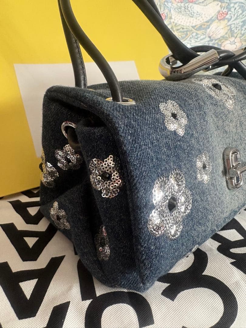 デニム花刺繍ボックス型ハンドバッグ