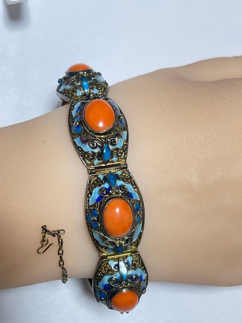 銀線細工 珊瑚SILVER ストーン ブレスレット