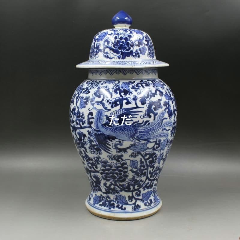 青花に花鳳紋将軍缶 景徳鎮 陶磁器 装飾品 現代工芸品 美術品 置物