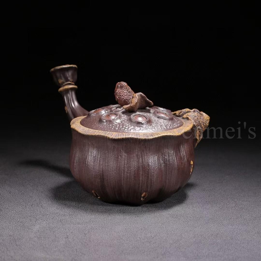 中国古美術・原鉱紫泥荷塘月色紫砂壺・底款：陳鳴遠・紫砂壺・急須・茶壺・茶道・置物