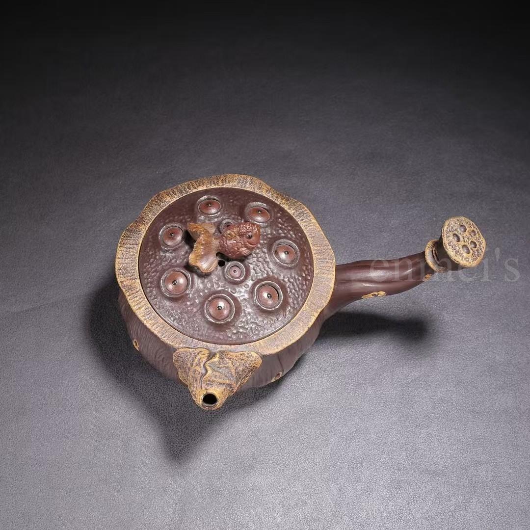 中国古美術・原鉱紫泥荷塘月色紫砂壺・底款：陳鳴遠・紫砂壺・急須・茶壺・茶道・置物