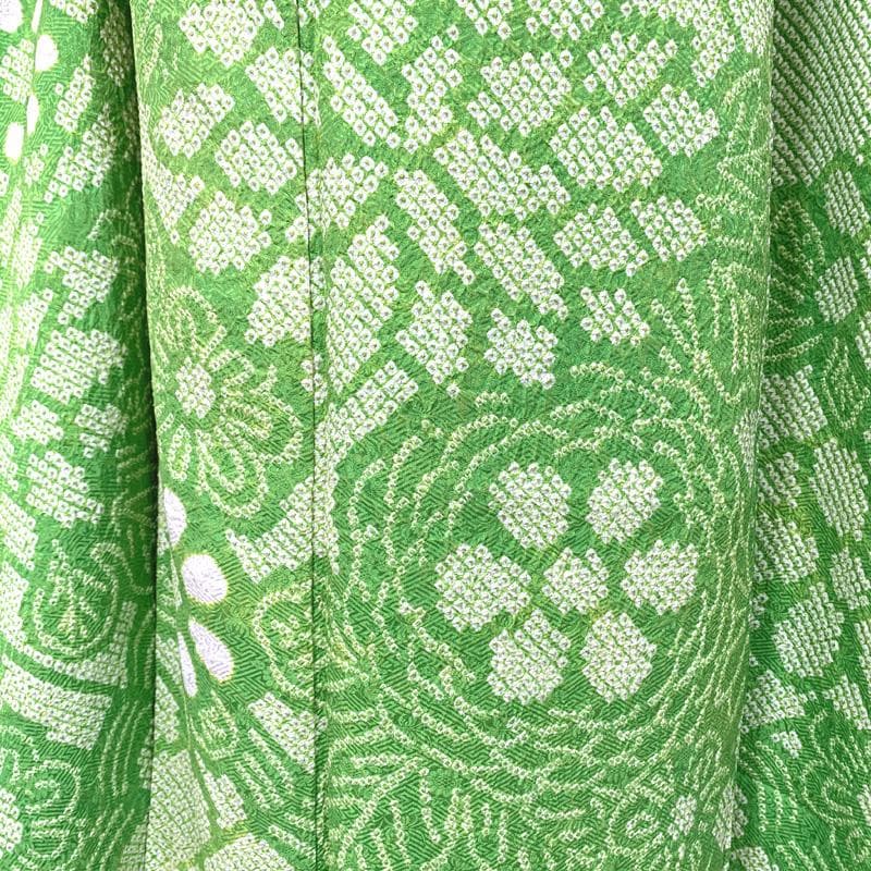 410aj37〇総絞り ジュニア振袖＆袋帯 十三参り 黄緑〇美品