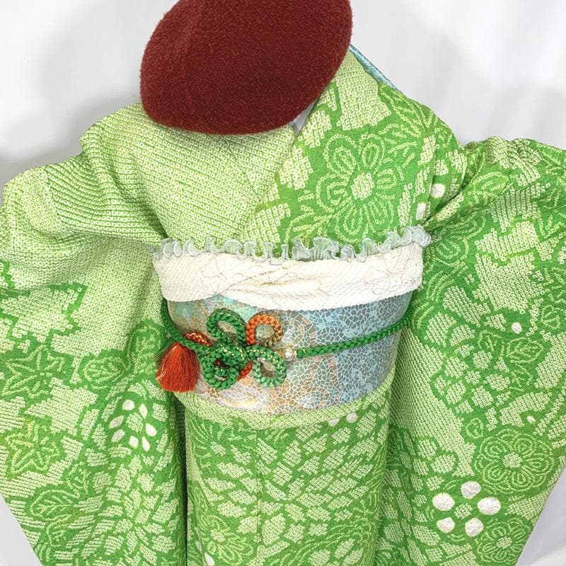 410aj37〇総絞り ジュニア振袖＆袋帯 十三参り 黄緑〇美品