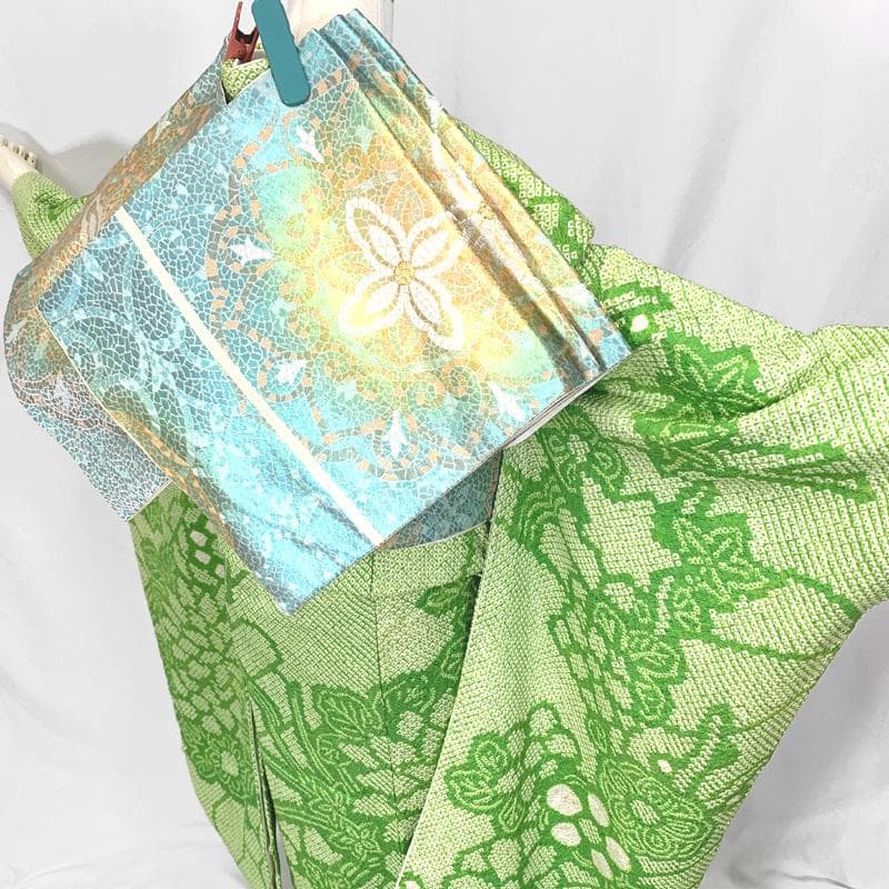 410aj37〇総絞り ジュニア振袖＆袋帯 十三参り 黄緑〇美品