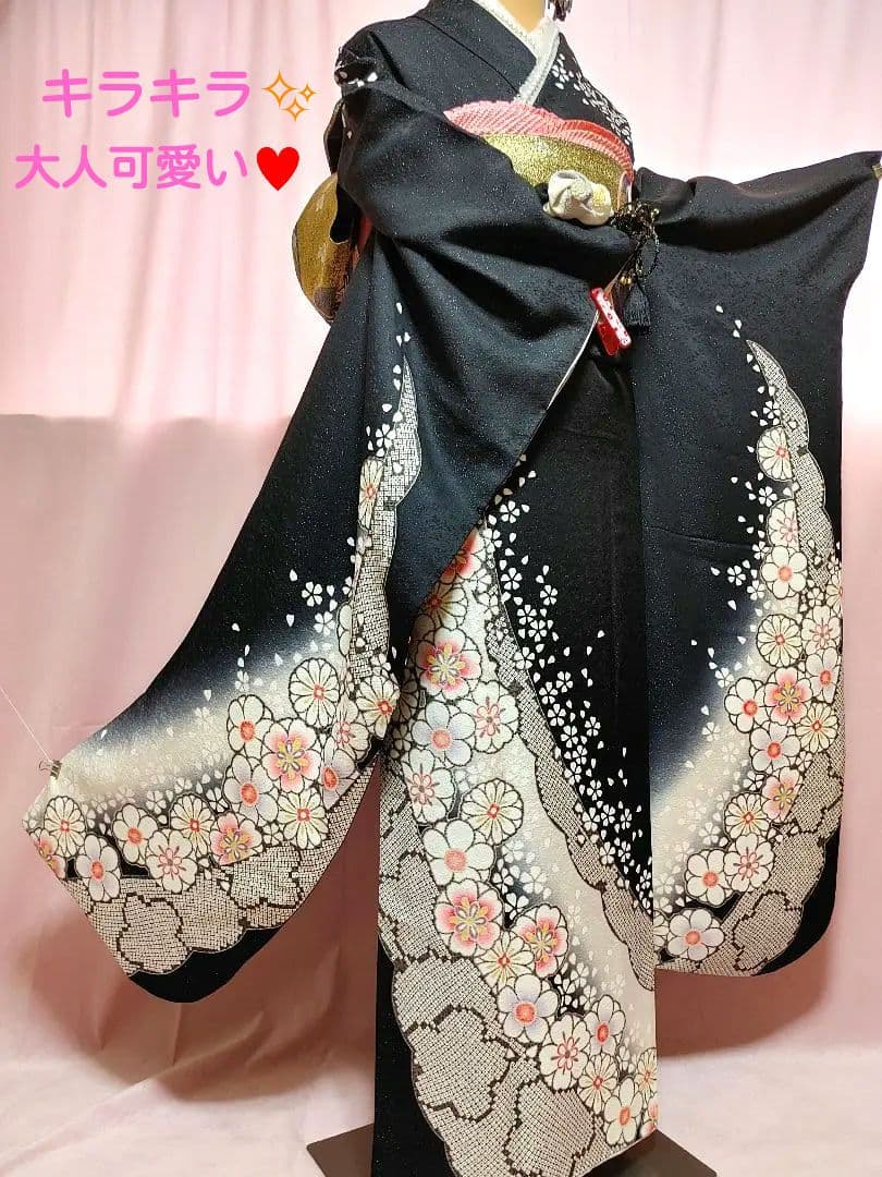 大人可愛い♥️振袖　袋帯　帯揚げ　帯締め　黒ラメ　白