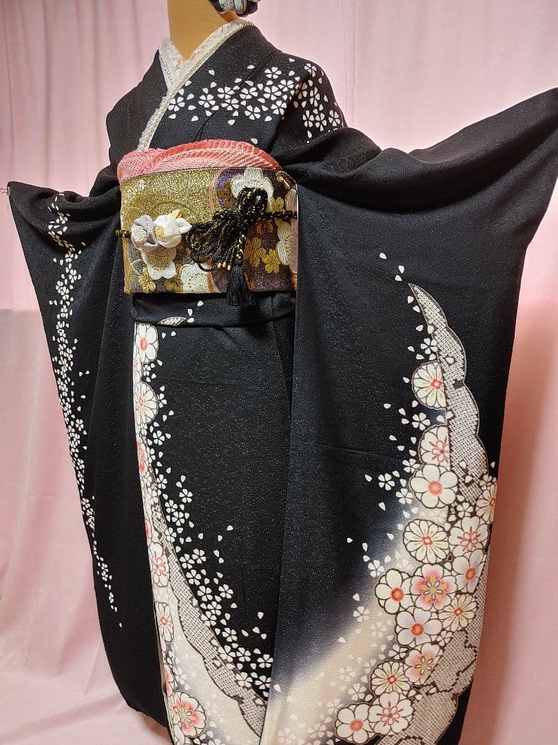 大人可愛い♥️振袖　袋帯　帯揚げ　帯締め　黒ラメ　白