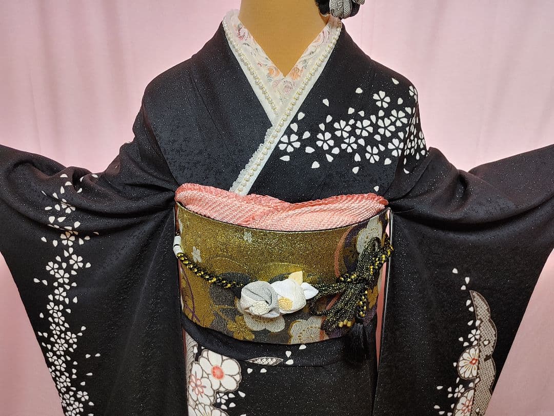 大人可愛い♥️振袖　袋帯　帯揚げ　帯締め　黒ラメ　白